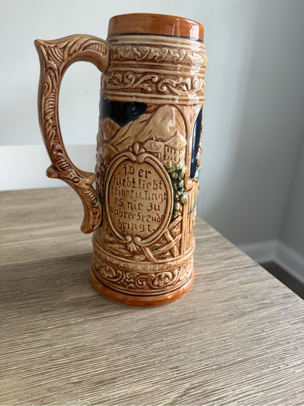 Vintage Japan Ceramic Beer Stein Mug Relief German Tavern Scene 10” Tall